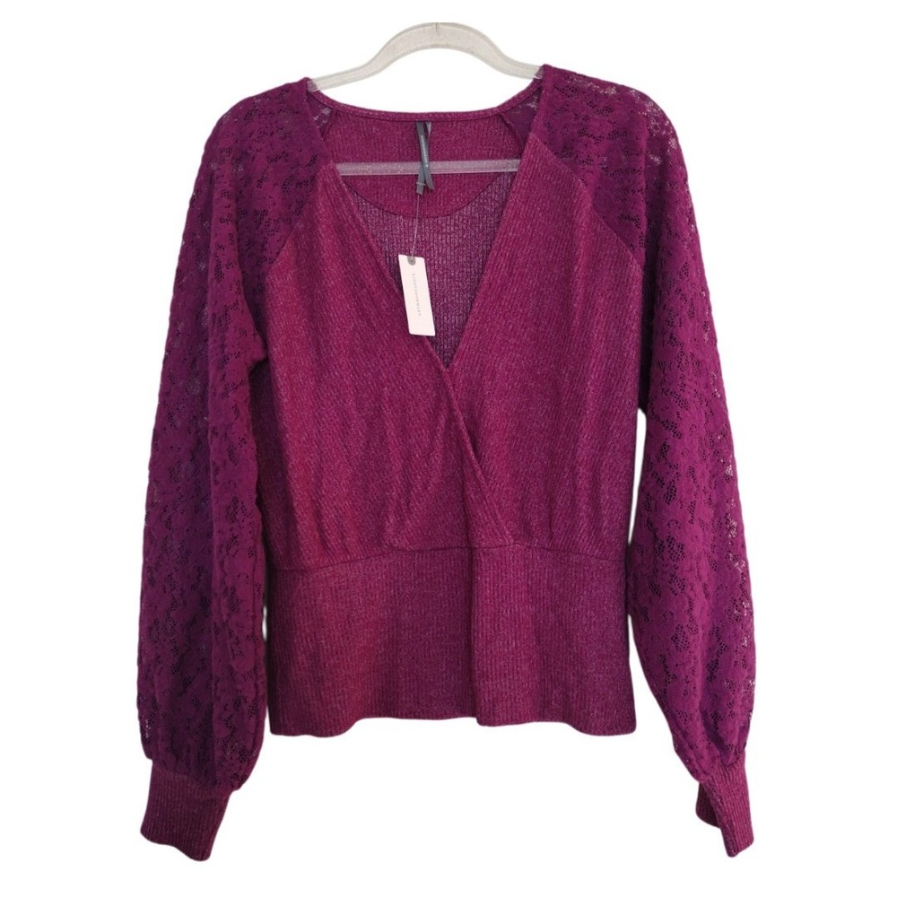 Anthropologíe Sweater Woman's Large Plume Prune‎ Lace Sleeves Crossover Neck